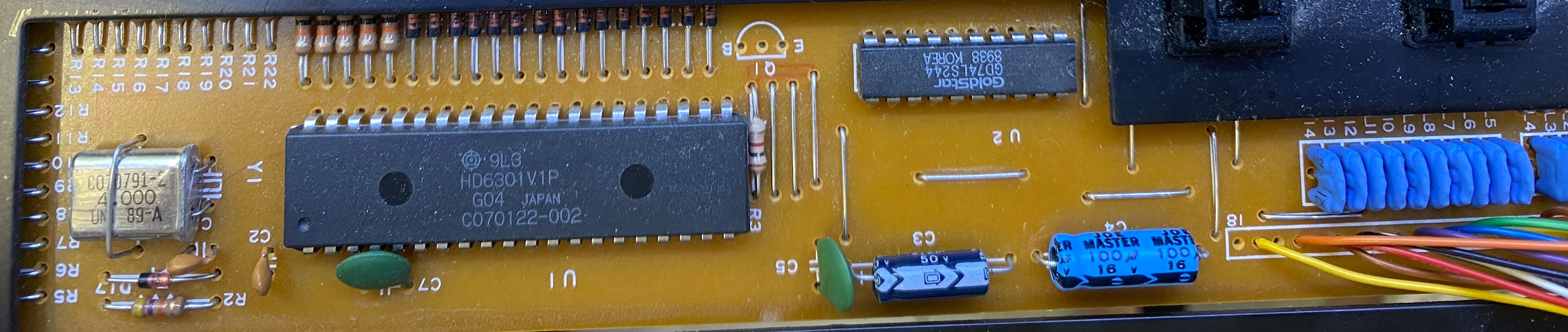 The ICs and passive components on the keyboard PCB