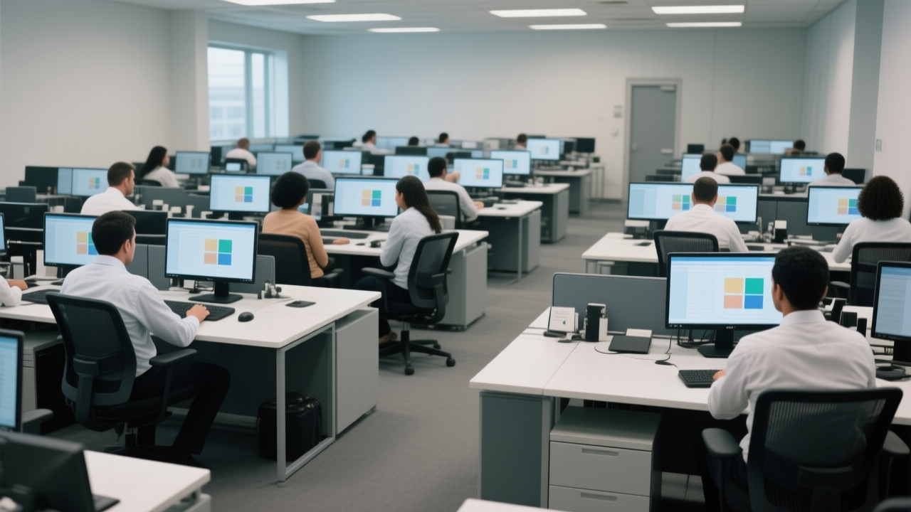 Large boring open office with employees all wearing the same clothes and watching the same content on their monitors
